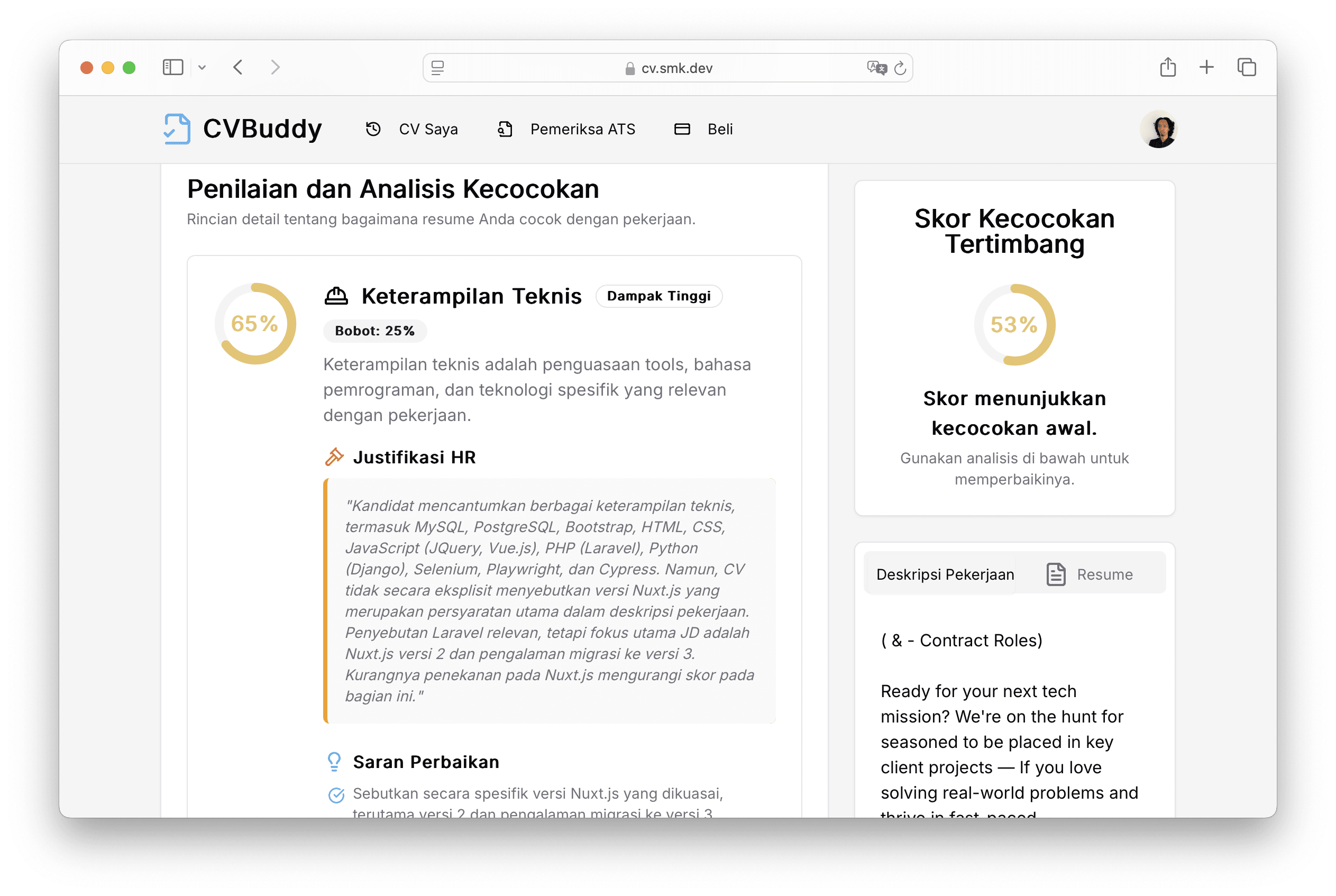 Analisis perbandingan CV dengan deskripsi pekerjaan